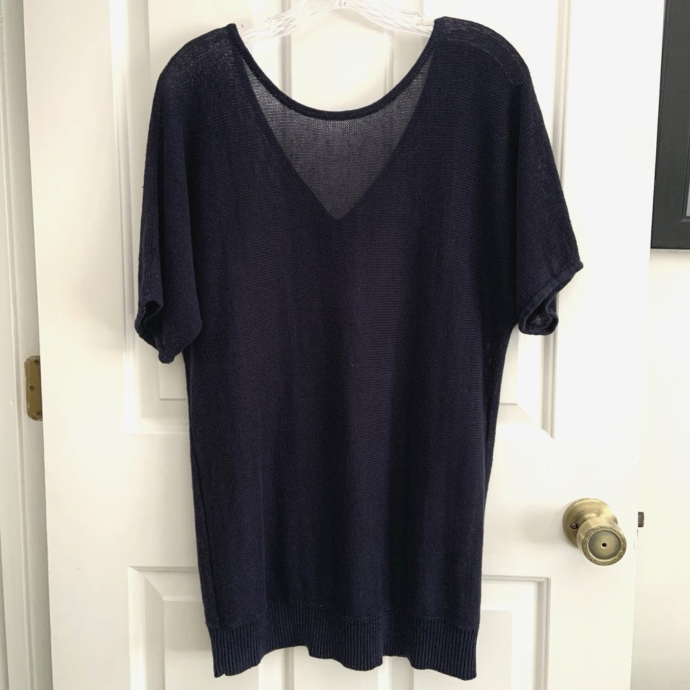Talbots Sheer Mesh Open Knit LINEN Sweater Top Navy Blue Women sz L - Picture 2 of 10